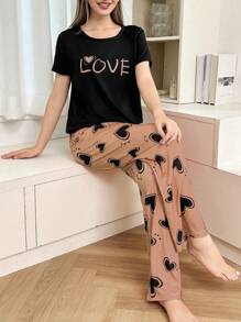 2pcs Set Letter & Heart Print Short Sleeve Pajama Set  Cozy And Elegant Details - Multicolor - View 1