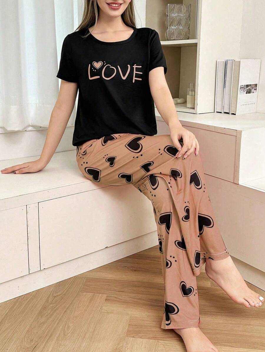 2pcs Set Letter & Heart Print Short Sleeve Pajama Set  Cozy And Elegant Details - Multicolor - View 1