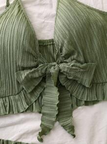 SHEIN VCAY Plus Frill Trim Shirred Knot Front Tube Top & Paperbag Waist Shorts,Sage Green,Summer,Boho,Beach,Holiday,Vacation Two Pieces Set For Plus Size Women - Khaki - View 6