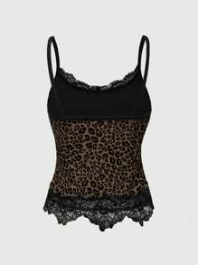ROMWE J-Fashion 性感拼色豹纹蕾丝花边蝴蝶结网眼弹力紧身女士背心 - 彩色 - 查看 3