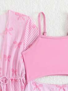 年轻女孩夏季连体泳衣/两件套防晒和服/甜甜圈印花，适合海滩度假 - 藕粉色 - 查看 4