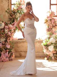 Glamrae 优雅华丽的白色蕾丝手工贴花钻石装饰V领褶裥腰部性感透视鱼尾连衣裙，适合婚礼、节日、新娘礼服、正式场合、情人节等场合。 - 白色 - 查看 6