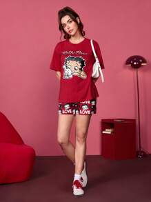 Betty Boop x SHEIN Women Casual Cartoon Graphic Round Neck Short Sleeve Top And Shorts Red Pajama Set, Summer