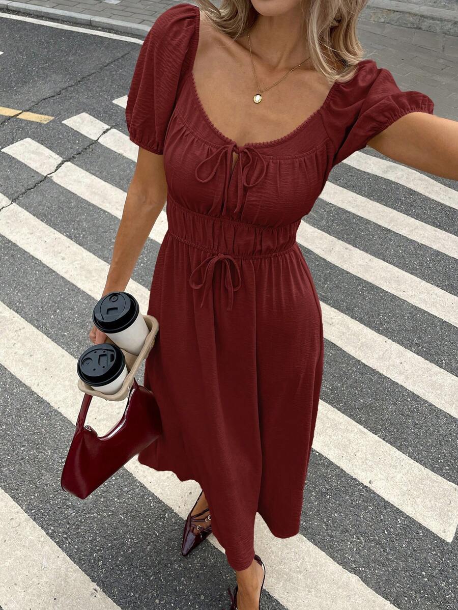 SHEIN Frenchy 纯色女式长裙，短袖圆领，简约实用百搭 - 紅木色 - 查看 1