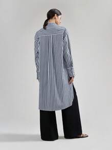 Ontre Long Sleeve Striped Shirt Dress, Casual Mid-Length Shift Dress With Collared Neck, Modern Urban Style, Black & White Stripe, Spring Apparel - Black - View 6