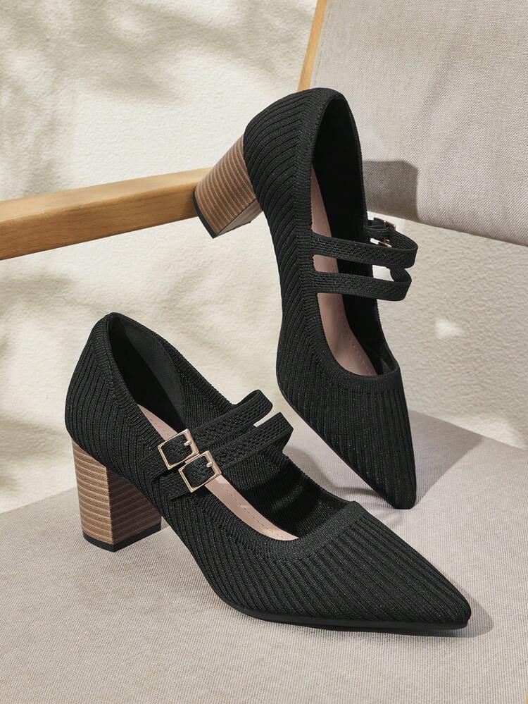 CUCCOO BASICS Women's Fashion Black Wood Grain Mary Jane Pointed Toe Chunky High Heel Shoes, For Commuting, Dating, Party, Holiday, Shopping For Christmas Spring Shoes