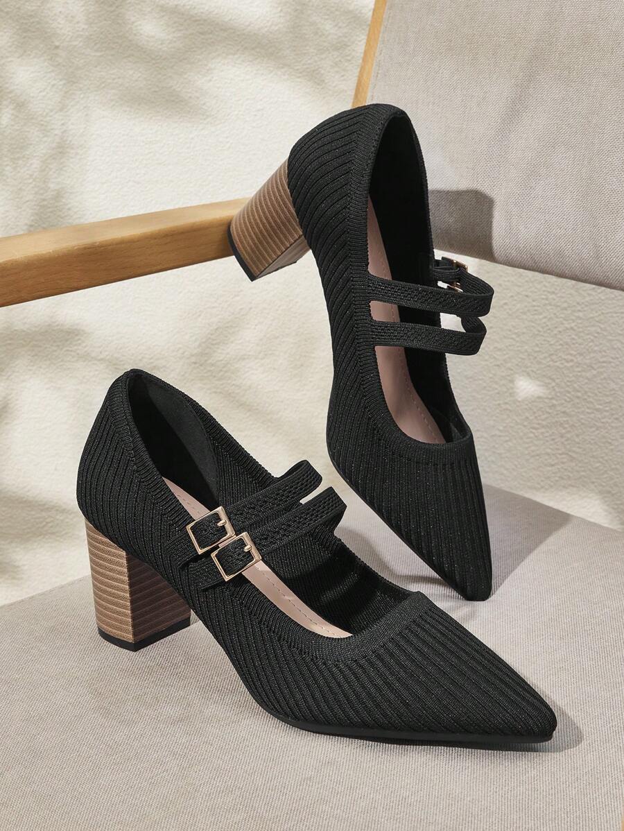 CUCCOO BASICS Zapatos de tacón alto grueso con punta puntiaguda y estilo Mary Jane con estampado de veta de madera negra para mujer, para uso cotidiano, citas, fiestas, vacaciones y compras
