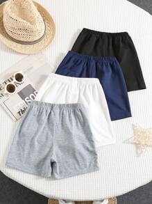 Set de 4 piezas de shorts cómodos, casuales y con estilo para niños, con decoración de insignia y cinturilla, aptos para uso diario, escuela, viajes y deportes en primavera y verano