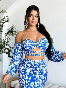 SHEIN SXY Top corta con hombros al descubierto con corte y twist sexy, con estampado completo, para vacaciones