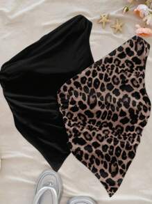 Soleia Set de 2 tops cortos con cuello asimétrico y bajo asimétrico con estampado de leopardo, adecuado para vacaciones/estilo de resort - Multicolor - Ver 6