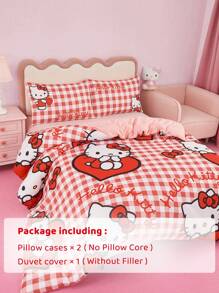 HELLO KITTY AND FRIENDS | SHEIN 可爱猫咪和心形图案床上用品 3 件套，面料柔软温暖，多种尺寸可选 - 紅色 - 查看 10