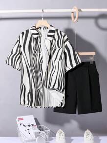 SHEIN Teen Boys' Striped Seabreeze Printed Short Sleeve Shirt & Cargo Shorts Set, Casual School/Vacation Outfit, Soft, Comfortable & Versatile - Black and White - View 4