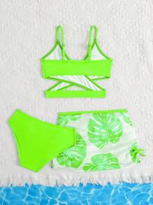 Young Girl Glow Green Criss-Cross Swimsuit Set With Tropical Plant Printed Coverup And Mini Skirt - Green - View 2