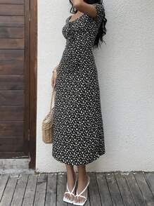 Sunnyshic 女士碎花心形领长裙，夏季 - 黑色 - 查看 6