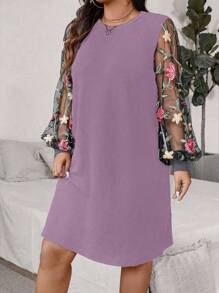 SHEIN Plus Size Women Floral Embroidered Mesh Patchwork Casual Dress - Purple - View 5