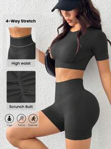 Dewbera Conjunto de ropa deportiva para mujer con top corto sin costuras y shorts de cintura alta