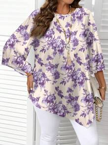 EMERY ROSE Plus Size Spring & Autumn Casual Simple Blue & White Porcelain Ditsy Floral Printed Shirt Autumn And Winter - Multicolor - View 4