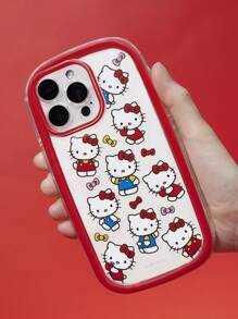 HELLO KITTY AND FRIENDS | SHEIN Cute Cat Printed Mobile Phone Case, Transparent Bow Print - Transparent Red Border Color Mobile Phone Case Compatible With Iphone - Multicolor - View 2