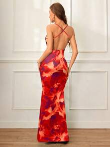 SHEIN VCAY Women's Elegant Floral Print Backless Halter Dress, For Summer Vacation, Women Summer Clothing