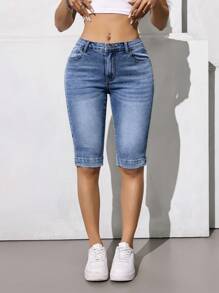 SHEIN EZwear 女式口袋紧身休闲百搭 3/4 长牛仔裤 - 淺色水洗藍 - 查看 4