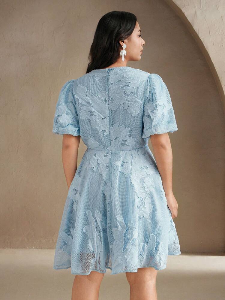 Ladies' Plus Size Spring/Summer Mesh Embroidered Music Festival Bubble Sleeves Blue St. Patrick's Day Dress Festival, Casual, Vacation, Holiday, Elegant, Date Night, Beach