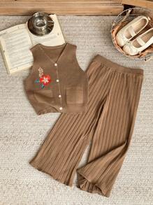 Blossori Young Girls French Elegant Brown Embroidered Knitted Set, Spring/Summer - Brown - View 1