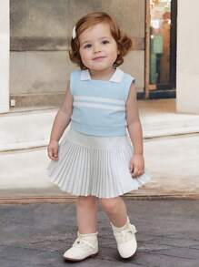 Souflis Souflis 2pcs/Set Baby Girl Infant Toddler Spring/Summer New Tennis Sport Elegant Sleeveless Polo Knit Top And Pleated Skirt Set, Grey/White, 0-3 Years