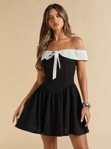 SHEIN BAE Vestido negro y blanco con contraste y hombros descubiertos, adecuado para fiesta, graduación, vestido negro, invitada de boda o verano - Negro - Ver 5