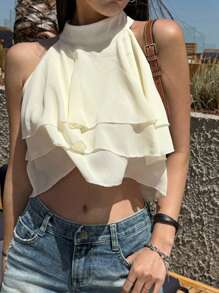 DAZY 女士雪纺露背吊带无袖度假上衣，荷叶边