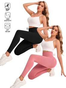 SHEIN Sports 简约纯色高腰无缝打底裤 - 彩色 - 查看 6