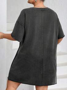 SHEIN CURVE+ Plus Size Women Hollow Out Collar Casual Loose Dress With Snowflake & Distressed Effect, Curve Plus, Boho Vacation Beach Outfits For Woman/Beach Dress/Beach Vacation Outfits/Beach Essentials / Graduation/Tea Party Dress - Black - View 2