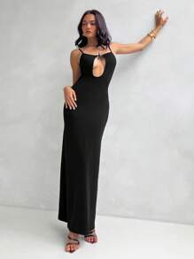 Aloruh Women's Black Summer Dress,Elegant 70s Style Spaghetti Strap Cut-Out Fitted Dress With Starfish Decor,Holiday Date Club Party Dress - Black - View 4