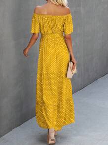 SHEIN Clasi Polka Dot Print Off Shoulder Ruffle Hem Tie-Front Short Sleeve Dress - Multicolor - View 2