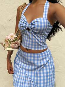Sunnyshic Set elegante da donna composto da una camicetta allacciata a quadri e una gonna ampia