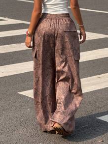 SHEIN EZwear Women's Branch Print Drawstring Waist Loose Fit Wide Leg Casual Pants - Multicolor - View 2