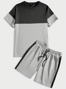 Manfinity Homme Men's Color Block Round Neck Short Sleeve Casual T-Shirt And Drawstring Waist Shorts Set - Multicolor - View 3