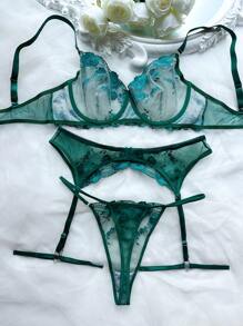 SHEIN Esselle Bộ đồ lót gợi cảm 5 món cỡ lớn ren màu trơn trang trí nơ - Màu xanh lá cây đậm - Xem 2