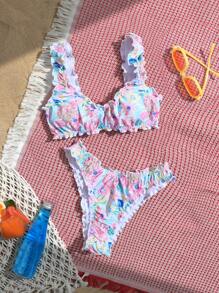 Swim Mod Women's Ruffle Trim Ditsy Floral Bikini Set, Two Pieces Swimwear For Beach Vacation For Summer - Multicolor - View 1