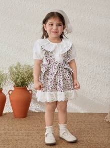 Blossori Baby Girls Elegant Ruffled Collar Blouse & Ditsy Floral Suspender Skirt 2 Pieces Sets, Spring/Summer - Multicolor - View 4