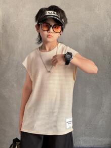 Tween Boy Oversized Casual Comfortable Versatile Soft Waffle Textured Letter Graphic Round Neck Tank Top, Suitable For Daily Wear, Outdoor Play, School, Street Style, Party And Home Leisure - Khaki - View 9
