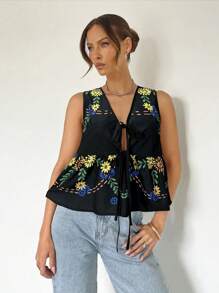 SHEIN Essnce Blusa de mujer holgada, ligera y transpirable para vacaciones de verano sin mangas con bordado y estampados impresos y con tirantes de lazada, cuello en V con lazo delantero, estilo bohemio y suave