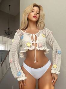 Swim Mod Women's Hollow Floral Lace Knitted Beach Cover Up Coverup For Summer Beach Vacation