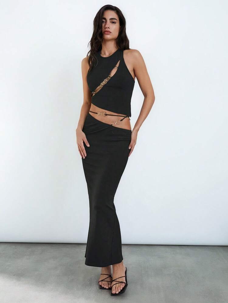 SHEIN Maija Summer New Fashionable Elegant Business Casual Graduation Season Brunch Wedding Guest Daily Versatile Metal Round Ring Connecting Asymmetrical Cut Design Vacation Sexy Fashionista Vibe Easter Music Festival 2pcs Women Set