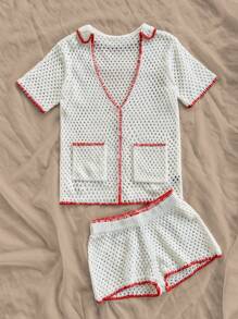 SHEIN Unity 2 Pieces Hollow Out Casual Pullover Sweater Set - Multicolor - View 6