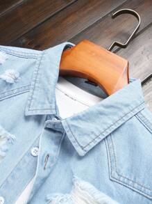 Manfinity Homme Men's Casual Washed Distressed Denim Short Sleeve Shirt Men Jean Shirt