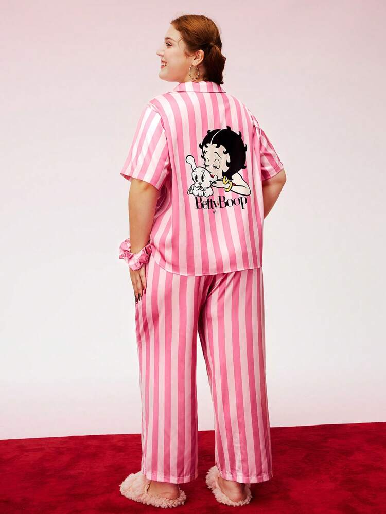 BETTY BOOP X LUVLETTE 夏用 ベティブープ×LUVLETTE シルキーサテン ベーシック ピンクストライプ 半袖 ロングパンツ ルームウェアセット ポケット付きパンツ ランジェリー ブライダルインナー