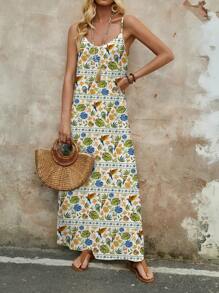 EMERY ROSE Women Casual Loose Tropical Plant Print Spaghetti Strap Summer Dress - Multicolor - View 6