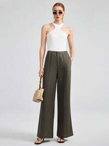 Ontre Quần ống rộng kẻ sọc vải lanh Tencel phong cách nghỉ dưỡng mới 2025 dành cho nữ, quần mùa xuân hè, trang phục thường ngày - xanh quân đội - Xem 8