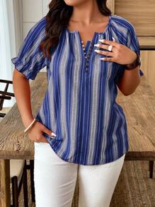 Breezaya Camisa de mujer de tallas grandes con cuello en V, decorada con estampado de rayas y botones