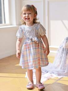 Souflis Souflis Baby Girl Puff Sleeve Peter Pan Collar Bowknot Dopamine Grid Cute Front Decorated Jumper Dress